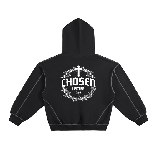 Contrast-Stitched Boxy Fleece Hoodie